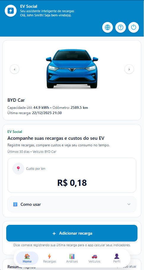 Tela real do aplicativo EV Social